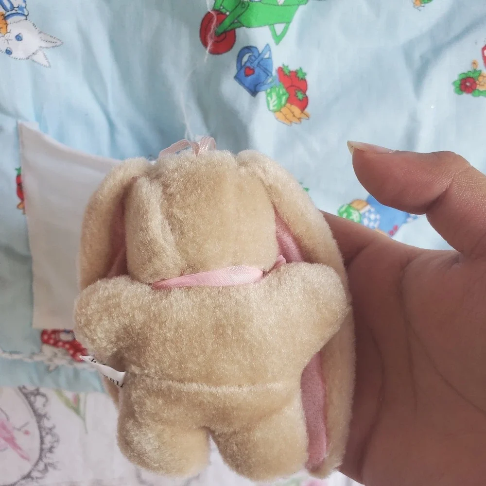 Vintage‎ 90s Baby Bib Blue Quilted Bunny Rabbit Pocket & Stuffed Toy